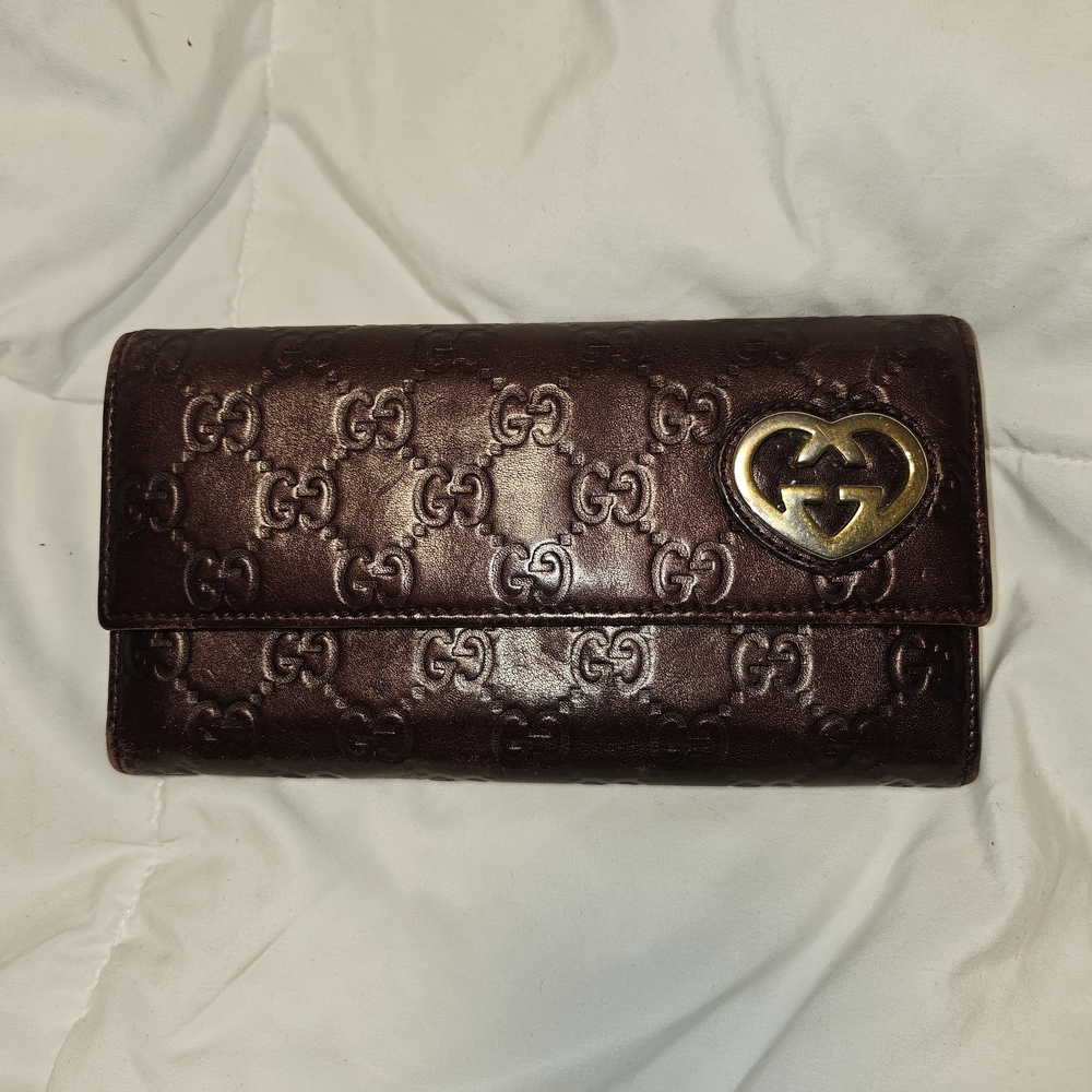 Gucci Dark Brown Embossed GG Heart Continental Wallet with Gold Heart Logo